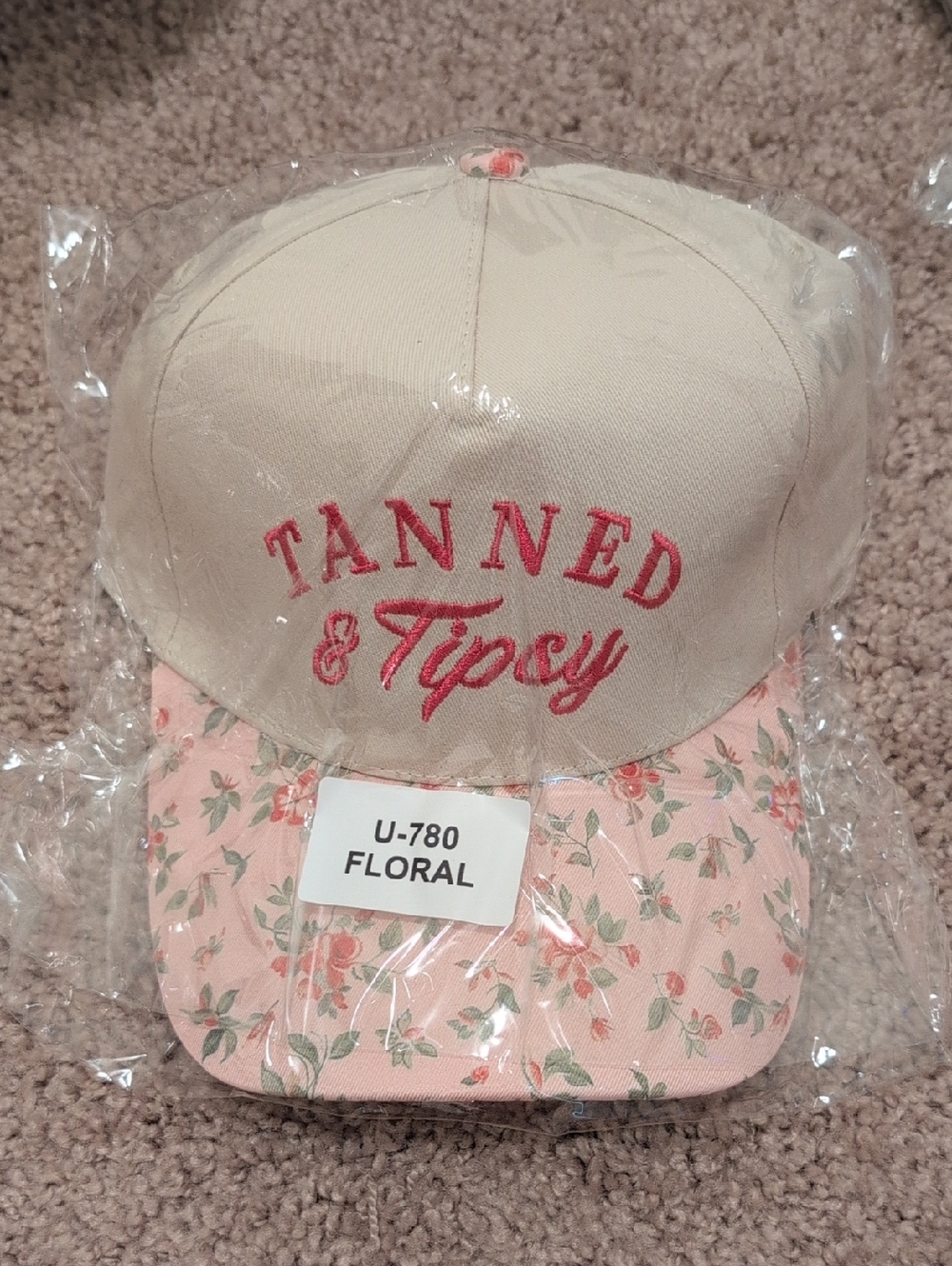 Beige & Pink "Tanned & Tipsy" Floral Baseball Cap